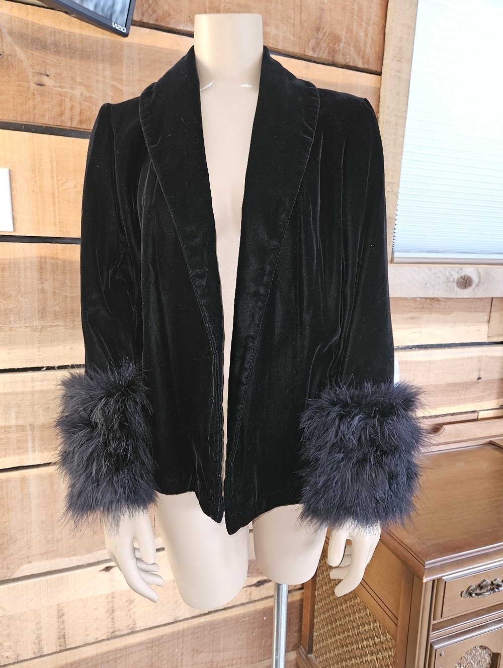 Black Velvet Office Siren Blazer with Feather Cuffs Sz M Whimsigoth Mob Wife